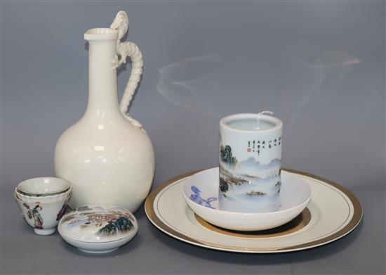 A creamware ewer with moulded basilisk handle and a small collection of Asian and chinoiserie wares,